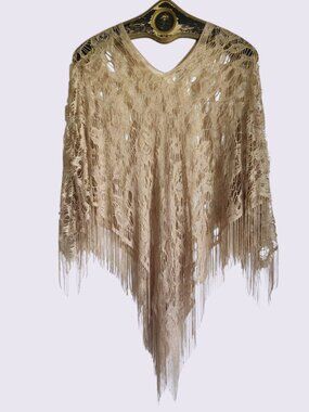Vintage Open Knit Crochet Gold Metallic Sparkle Poncho w Long Fringe OSFM